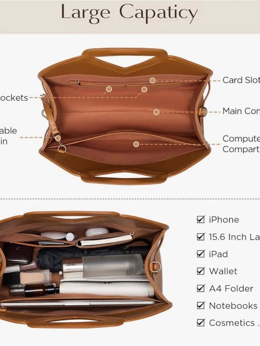 Cognac PU Leather laptop Shoulder Bag with Top Handle